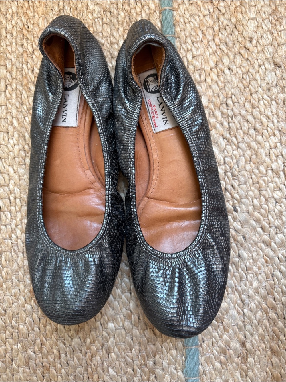 Lanvin Metallic Gunmetal Textured Leather Ballet Flats